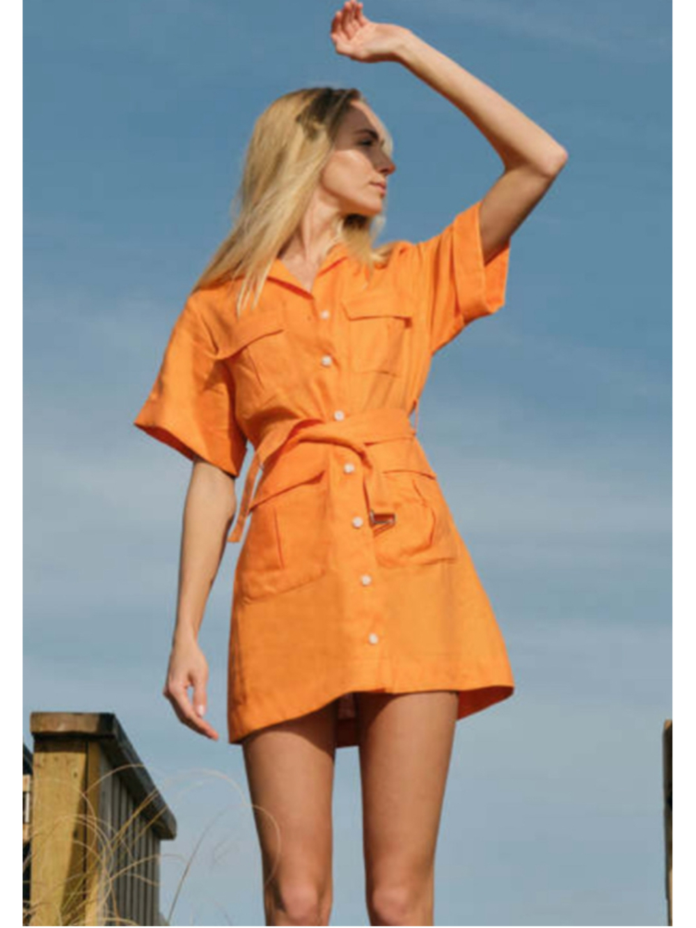 Matthew Bruch 100% Linen Safari Shirt Dress Orange Utility Size 4/Large USA